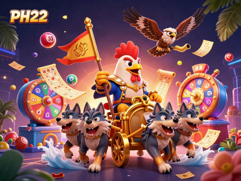 Engage with PH222's dynamic casino gaming scene featuring colorful lottery balls, a golden chariot, and vivid decorations.