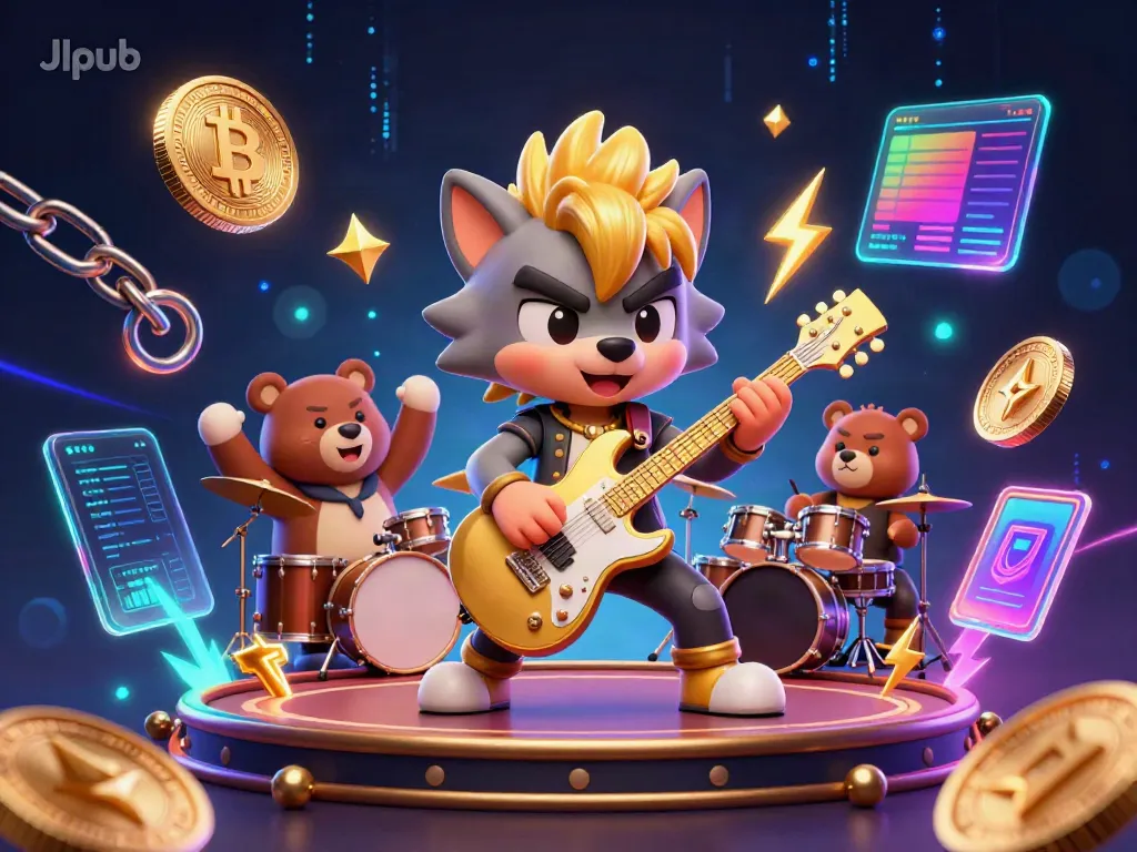 Experience the thrilling moment with Jlpub as a rock star wolf plays on stage, surrounded by crypto elements.