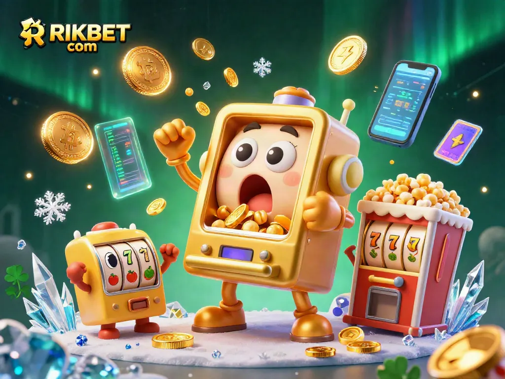 Win big with RIKBET com's animated jackpot scene featuring thrilling slot games and crypto elements.