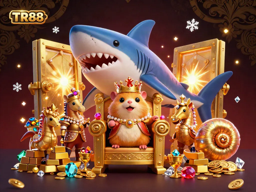 Experience the royal TR88 hamster king's throne amid treasures and vibrant gems in this captivating illustration.