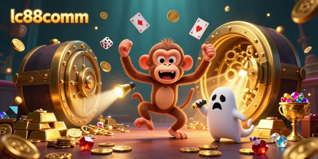 Engage with the spirited scene of lc88comm, showcasing a playful poltergeist monkey and a ghost-hunter puppy amidst a treasure-filled haunted casino.