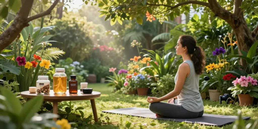 Person meditating in a botanical garden with Natura Force supplements.