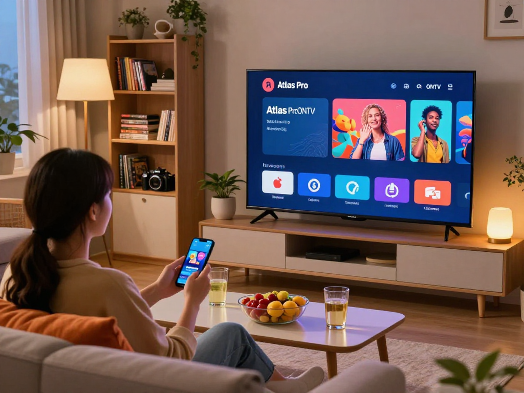Profitez de l'application Atlas Pro dans un salon confortable avec une télévision intelligente.