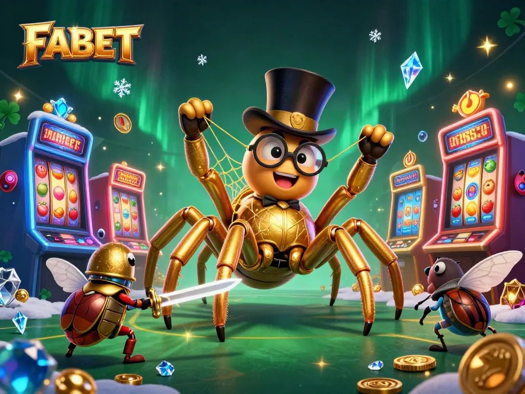 Experience FABET's thrilling slots with a whimsical golden tarantula and quaint characters in a vibrant casino