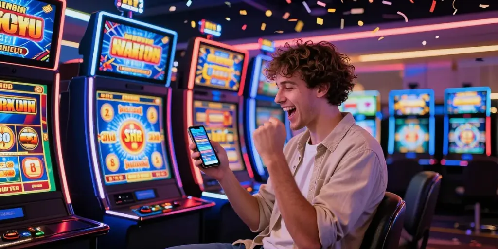 Un joueur célébrant un bonus casino sans dépôt dans un casino en ligne vibrant, entouré de machines à sous colorées et d'écrans numériques.