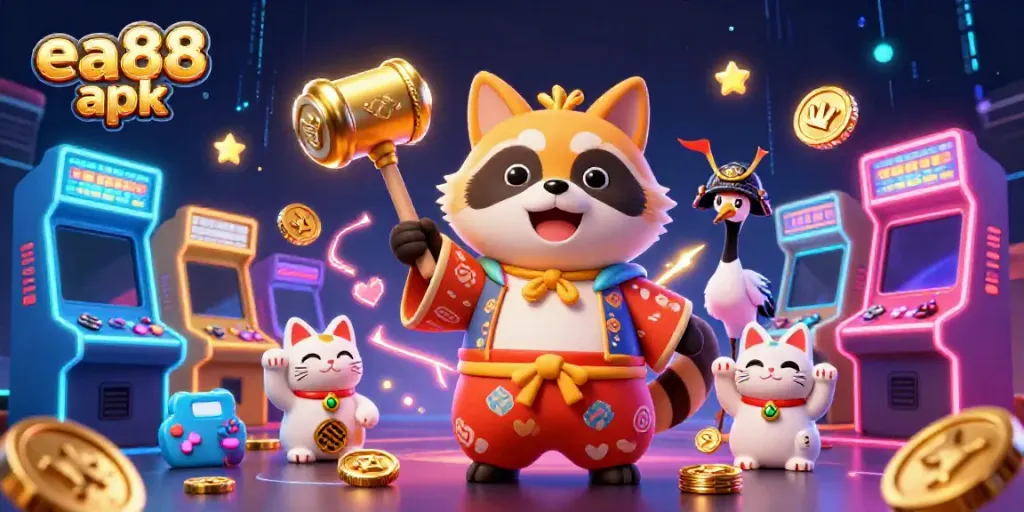 Engage with the colorful world of ea88 apk showcasing a cheerful tanuki and fun game elements.
