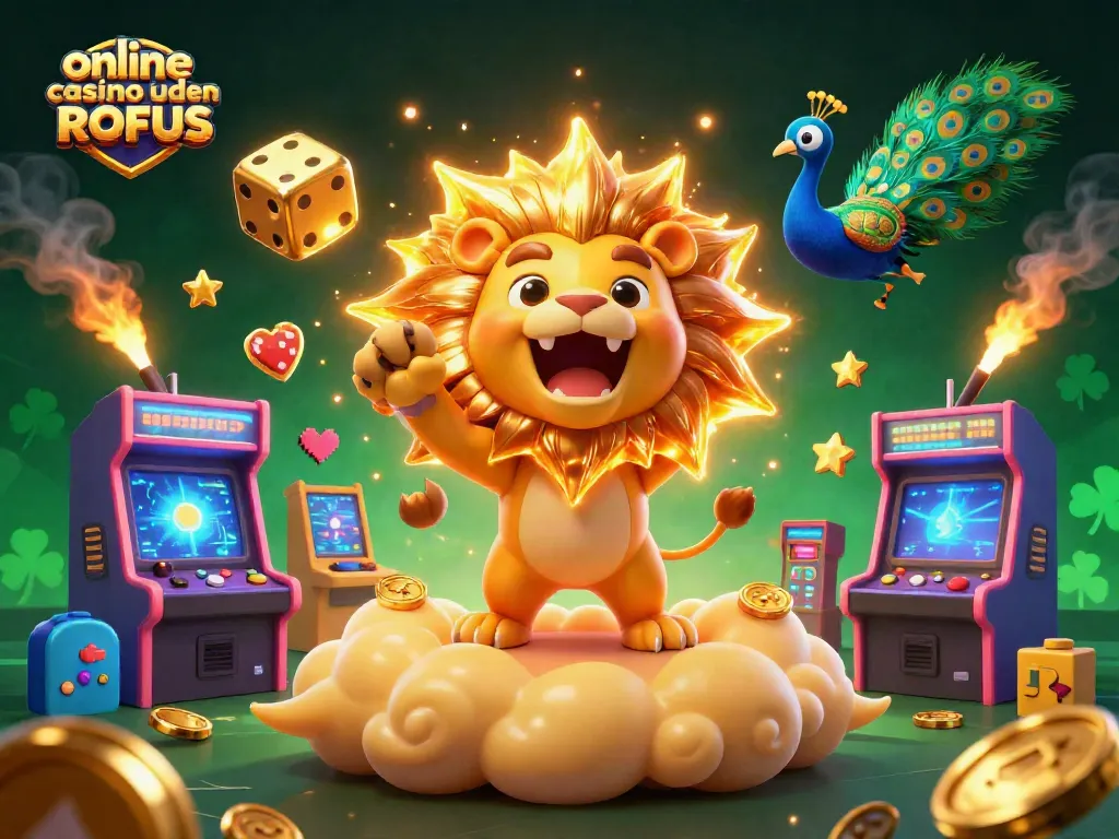 Play exciting games at online casino uden ROFUS with a vibrant 3D illustration showcasing fun and thrill.