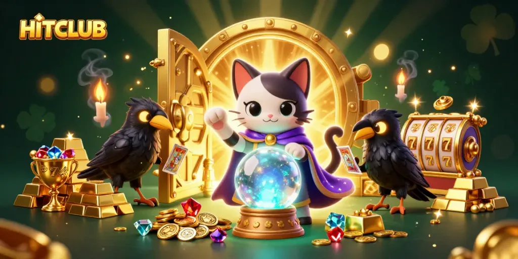 Hitclub players enjoy slot games within a vibrant, detailed casino-inspired scene.