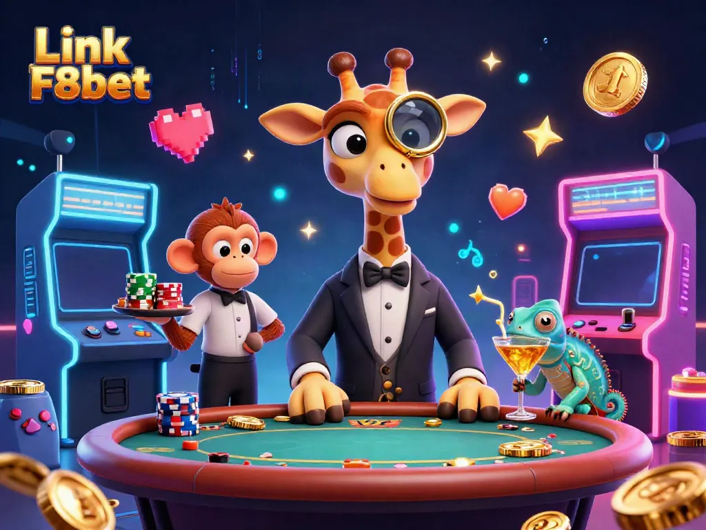 Engage in thrilling gameplay with Link F8bet at this vibrant casino scene featuring lively characters and colorful game elements.