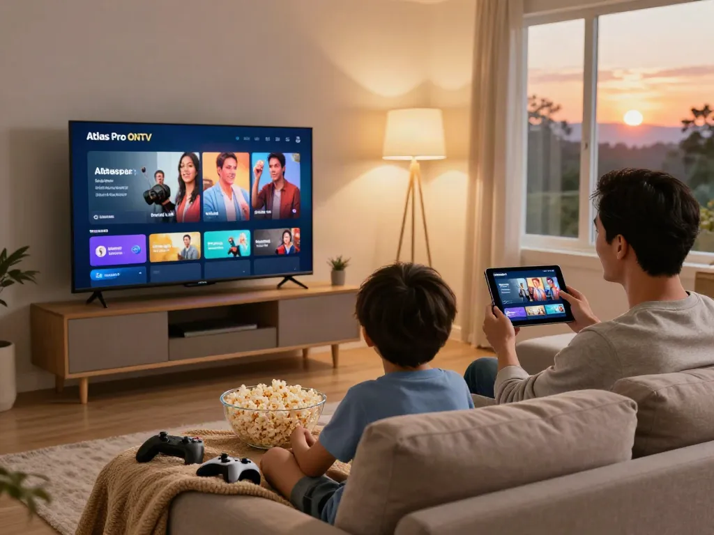 Famille profitant de l'application Atlas Pro ONTV pour une soirée cinéma à la maison