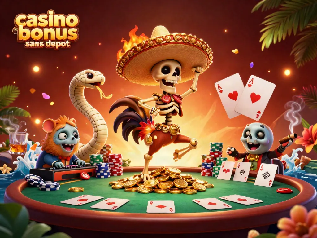 Jouez avec les meilleures offres de casino bonus sans dépôt dans une scène dynamique remplie d'éléments de jeu.