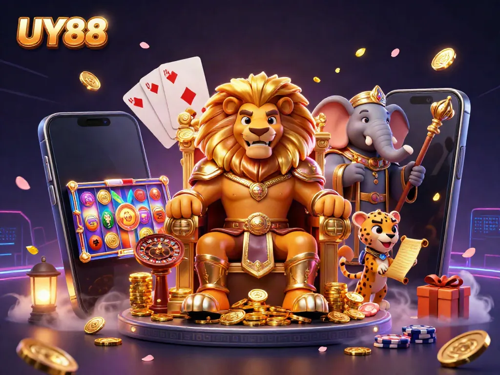 Experience thrilling gameplay with UY88 as cartoon characters invite you into a vibrant casino world.