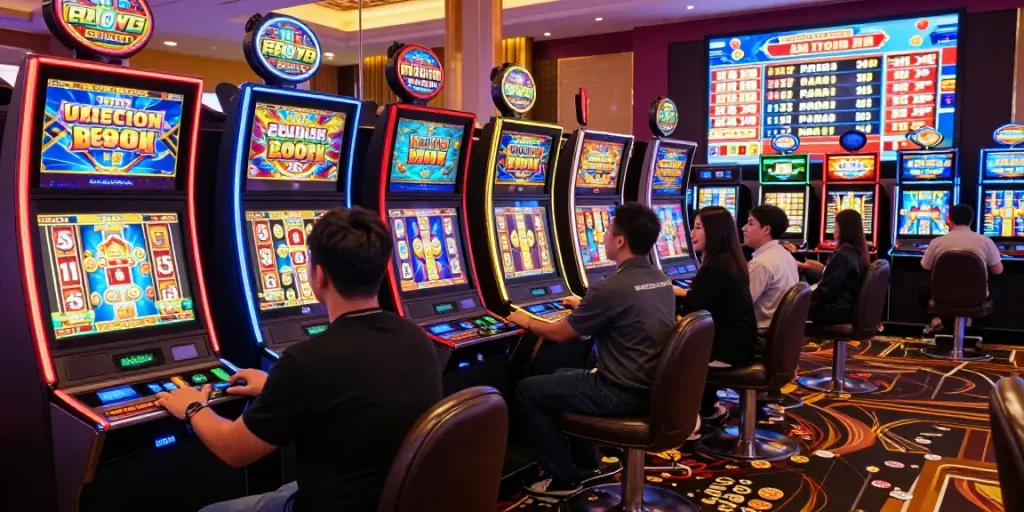 Permainan slot gacor hari ini dengan pemain yang merayakan kemenangan dan mesin slot berwarna-warni di kasino.