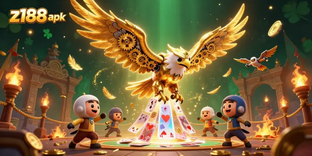 Engage in exciting gameplay with the z188 apk, featuring vivid 3D illustrations of a golden eagle and dynamic casino themes.