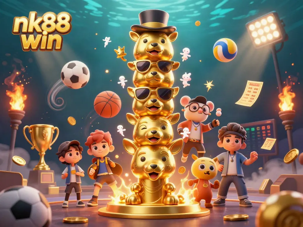 Experience nk88 win with vibrant casino elements and animated 3D characters in a winning scene.