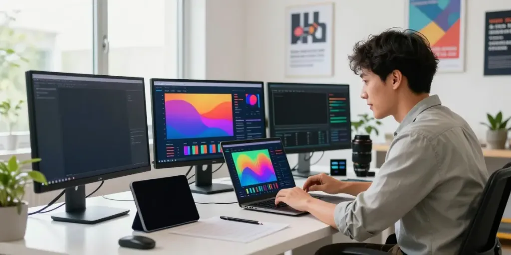 Engaging workspace showing a creator analyzing social media metrics to buy likes for growth.