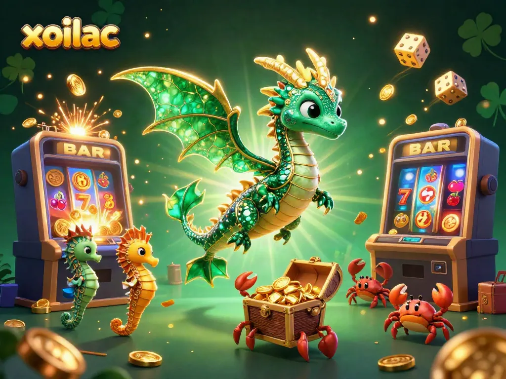 Experience the excitement of xoilac with a dynamic 3D dragon and casino elements bursting with color.