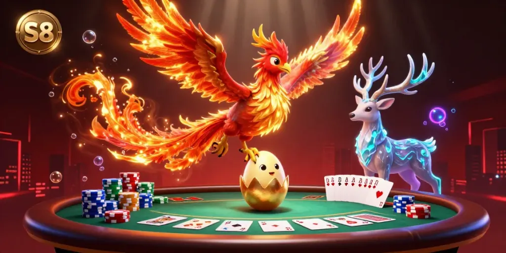 S8 poker scene with fire phoenix and mystical stag amid chips and cards.