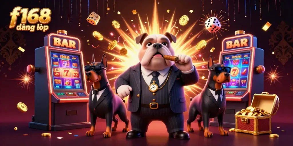 Experience thrilling f168 đăng nhập with a vibrant scene of a mafia boss and bodyguards surrounded by exciting casino elements.