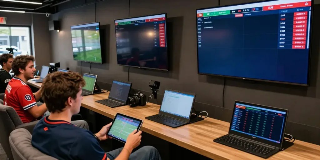 Spannende online sportweddenschappen in een moderne weddenschap lounge met fans die live weddenschappen plaatsen.