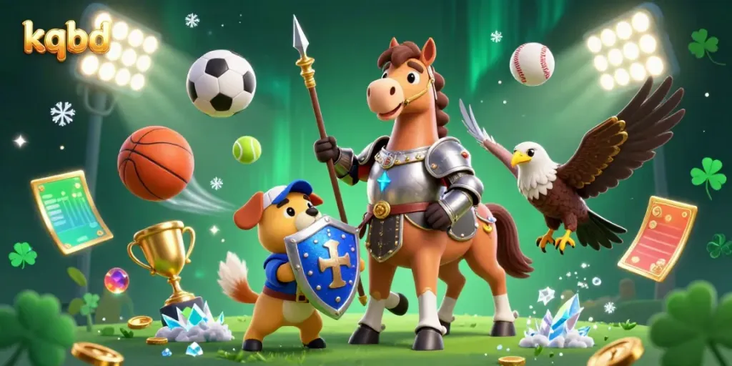 Engage with kqbd action through an illustrated sports betting scene featuring knights and playful animals.