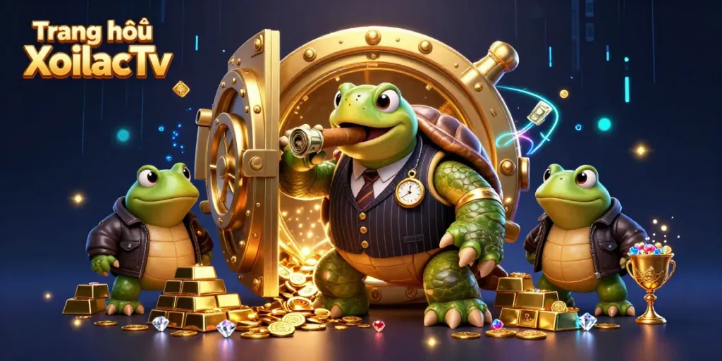 Engage with Trang chủ XoilacTv featuring a giant vault, gold bars, and unique characters in a rich gaming scene.