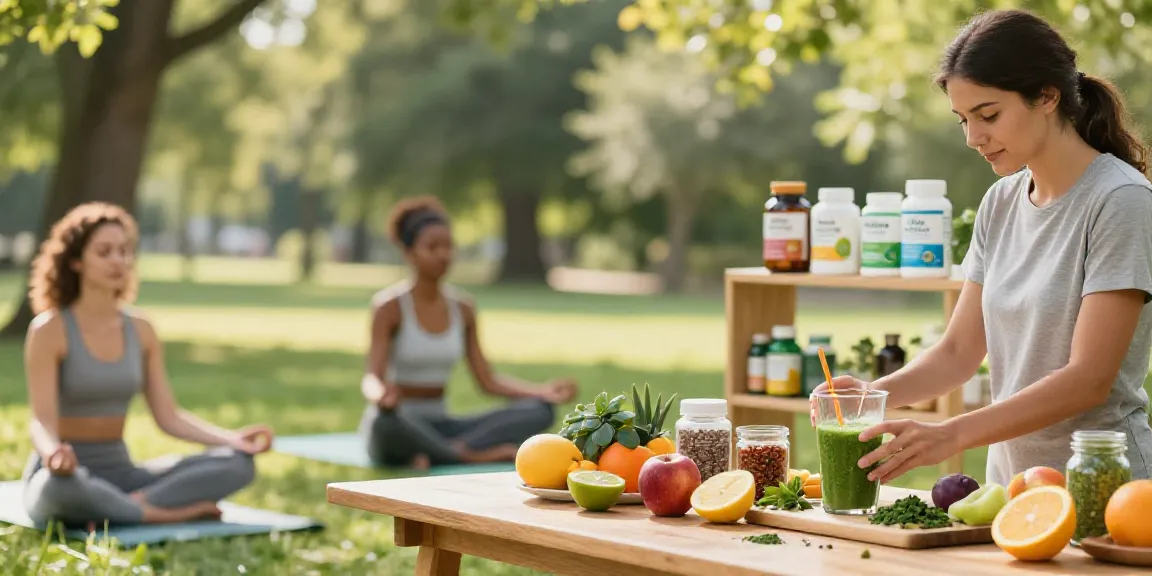 Scène énergique avec des produits Natura Force dans un environnement naturel et zen.