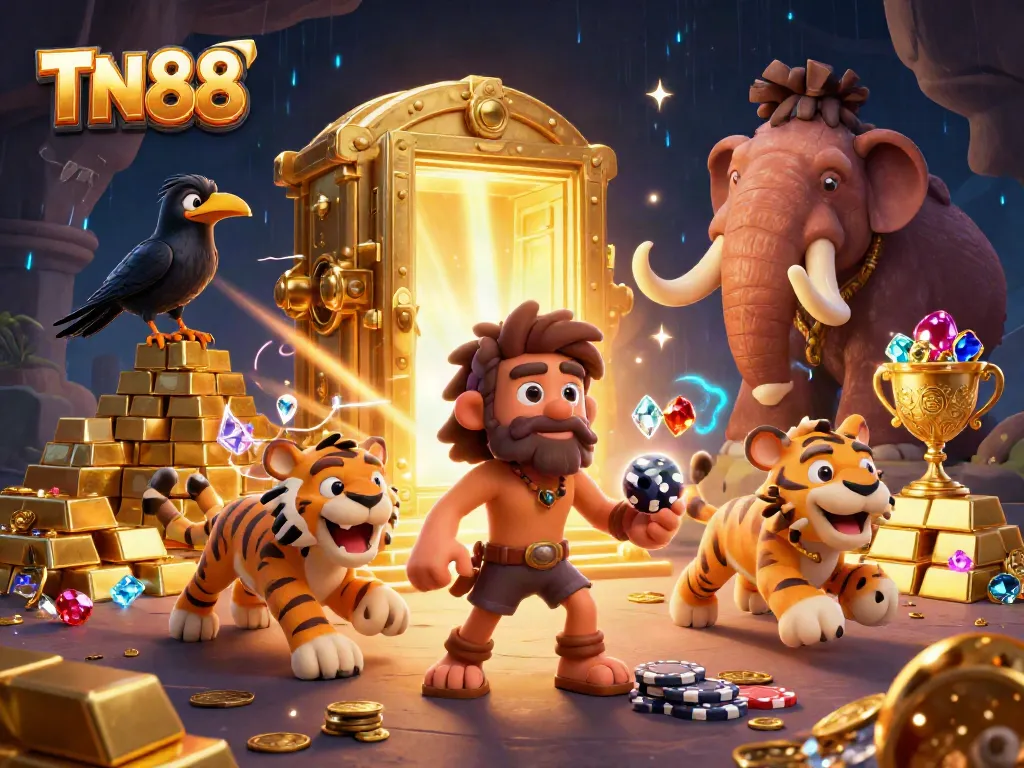 Experience thrilling gameplay at TN88, with a vibrant casino scene showcasing 3D caveman and sabertooth characters.