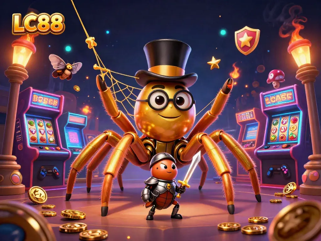 Engage with LC88's vibrant casino adventure featuring a golden tarantula, knight, and arcade machines.
