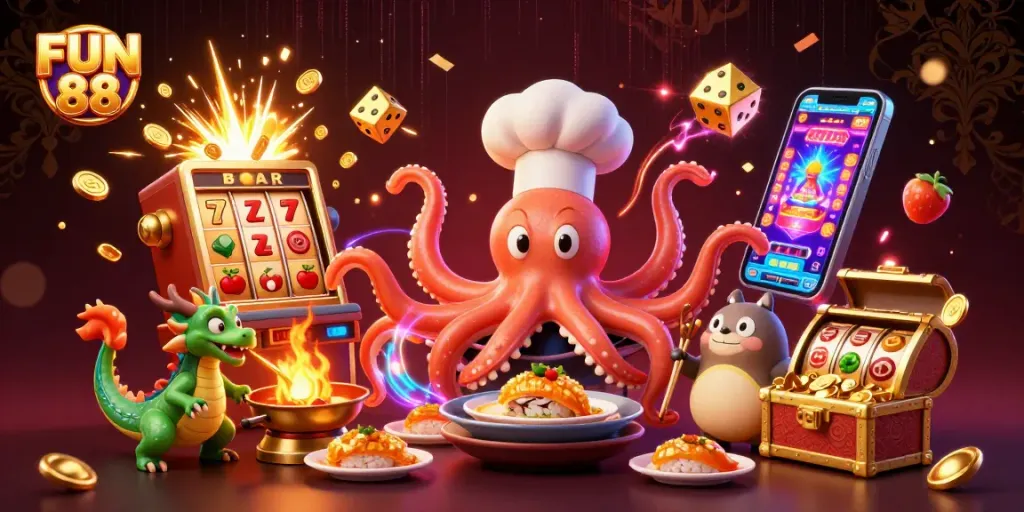 Engage with FUN 88's vibrant 3D casino world featuring slot machines, characters, and lively gameplay.