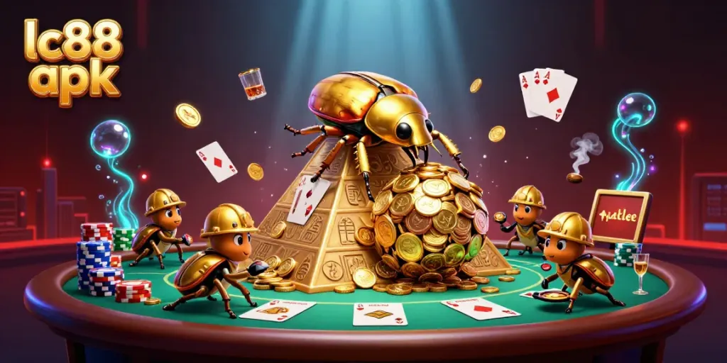 Experience excitement with lc88 apk in a vibrant 3D casino scene featuring gold beetles and poker elements.