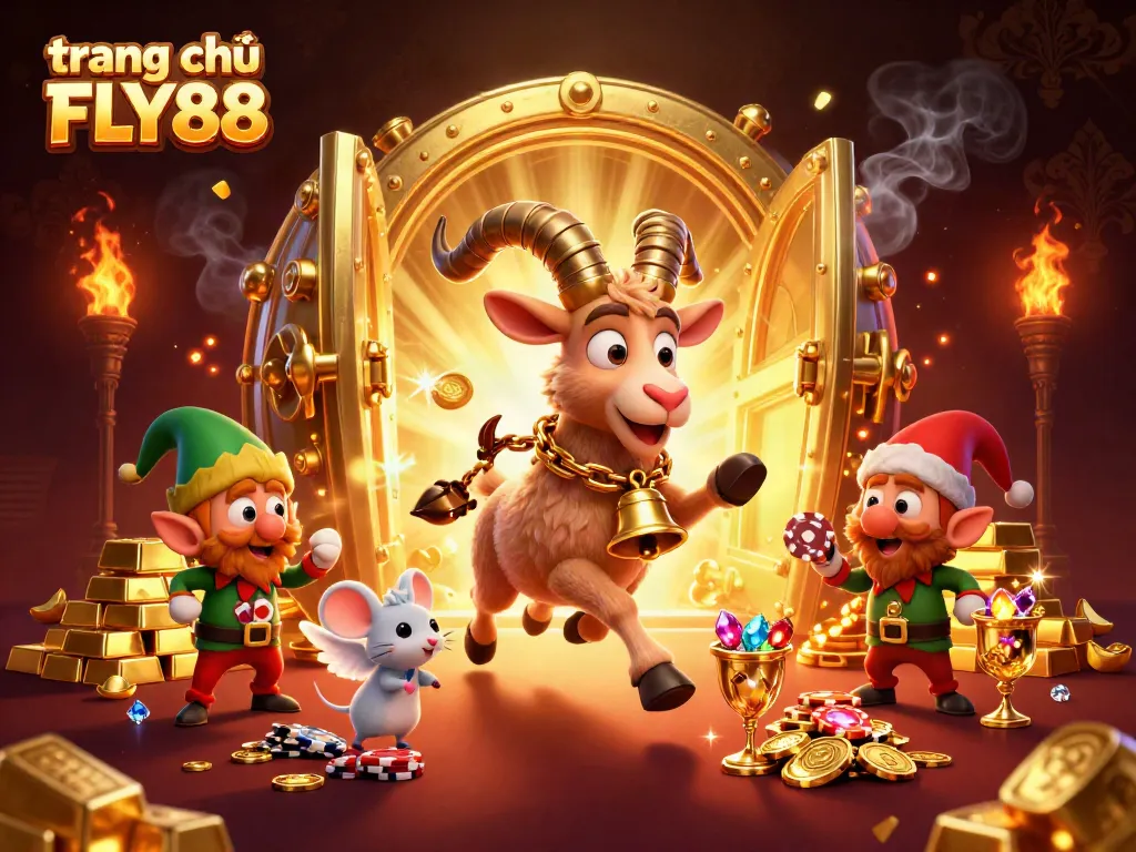Experience excitement at trang chủ FLY88, where Krampus, an angel mouse, and elf gremlins engage in a thrilling casino scene.