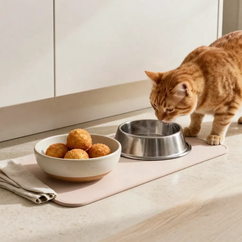Chat roux mangeant à une station de repas, eau fraîche et croquettes dans une cuisine claire.