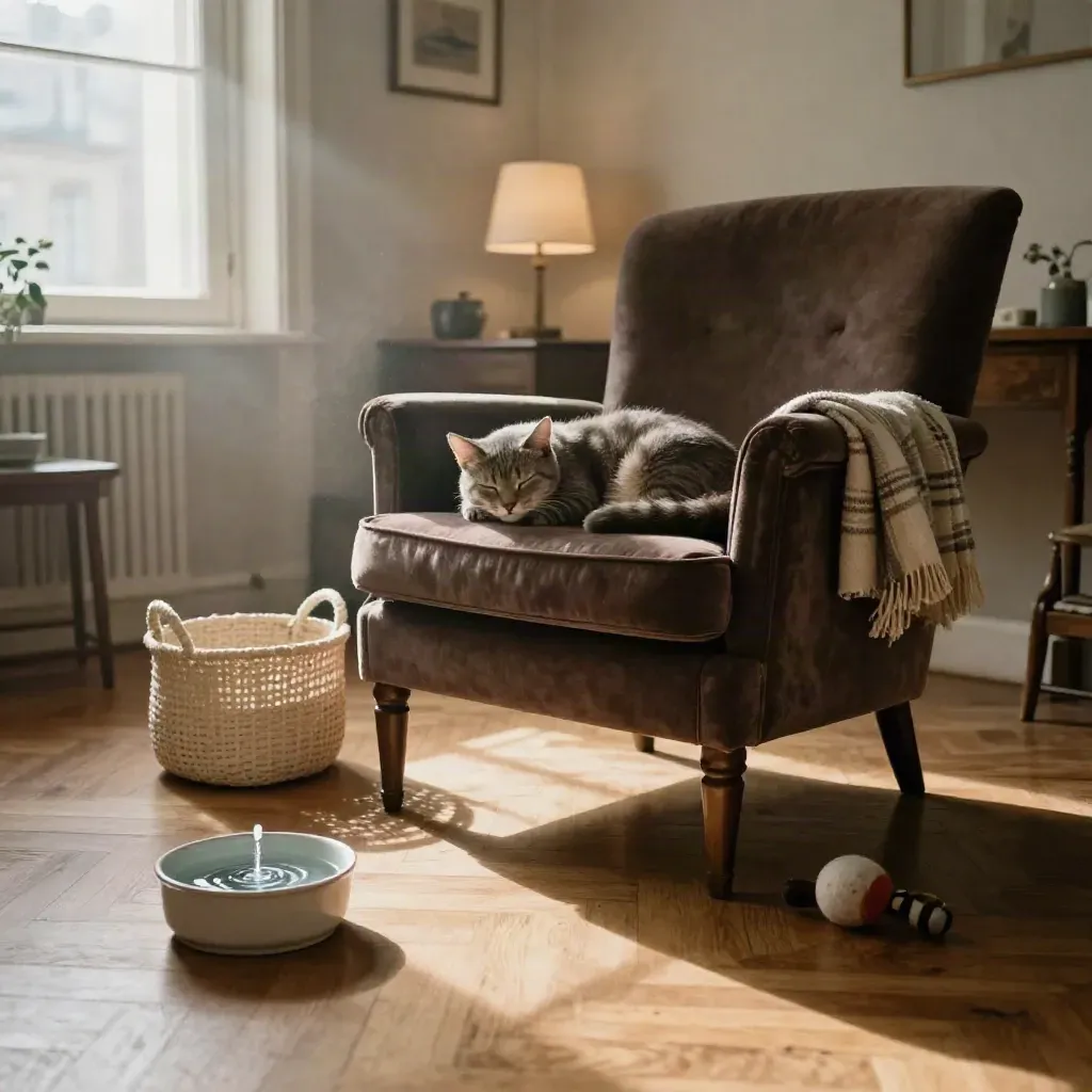 Chat tigré endormi dans un fauteuil, panier crème, fontaine et bol d’eau dans un salon parisien chaleureux.