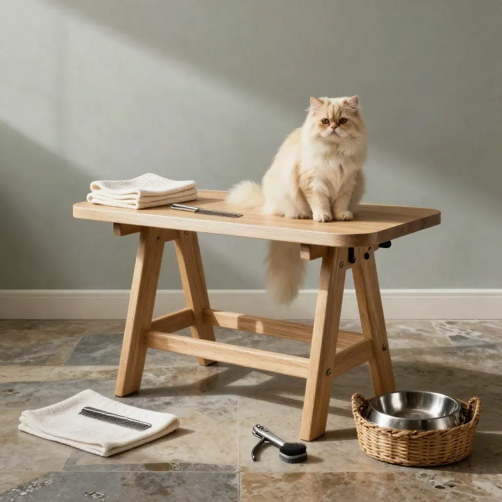 Poste de toilettage félin en chêne clair, persan crème, serviettes et accessoires dans une lumière du matin