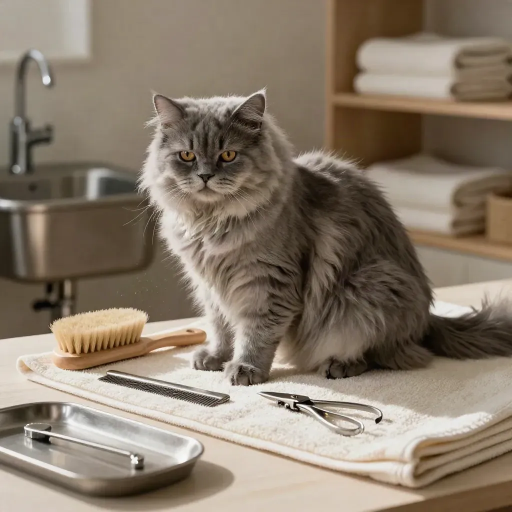 Chat persan gris-perle sur serviette crème avec brosse, peigne et coupe-griffes dans un salon de toilettage.