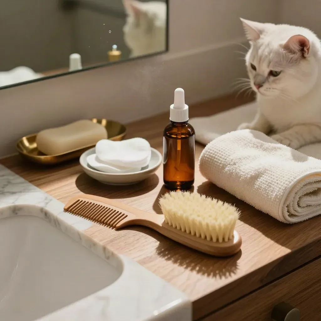 Kit d’hygiène féline sur une vasque, avec brosse, peigne, coton et chat blanc sur tapis.