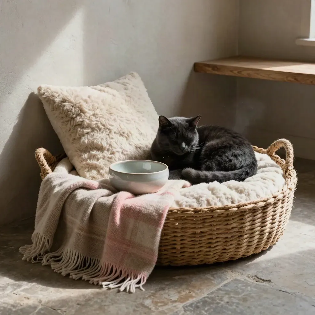 Nid douillet pour chat avec panier, plaid, coussin bouclé, gamelle et chat noir endormi.