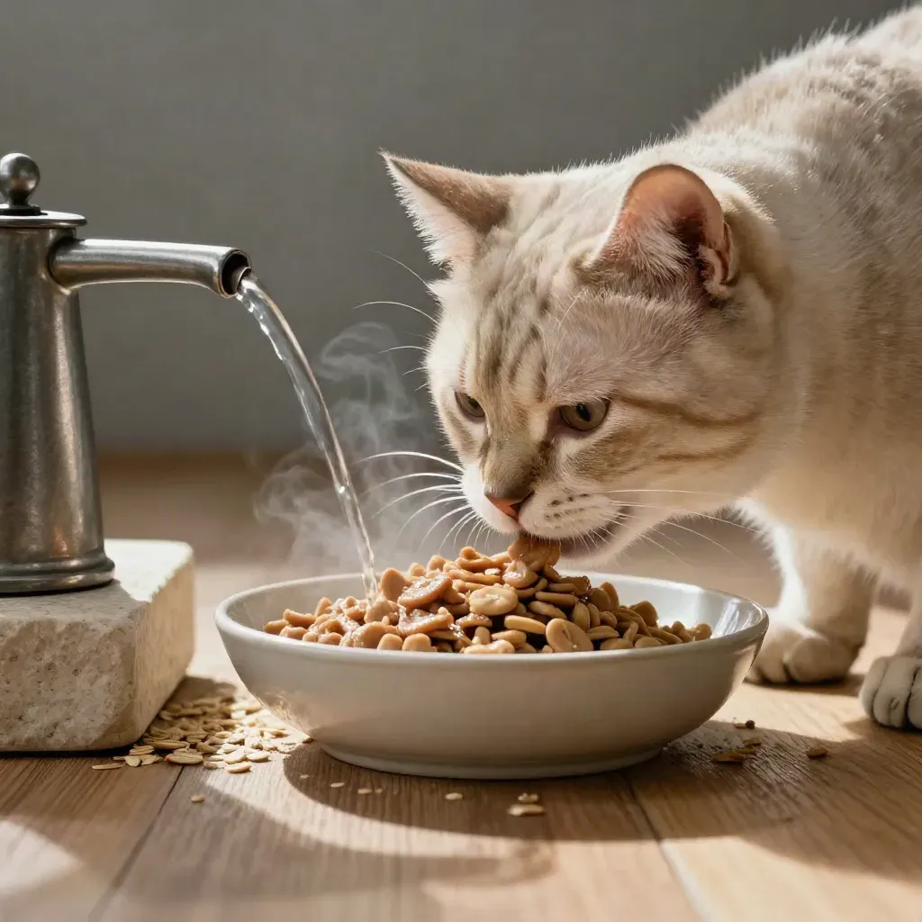 Chat senior mangeant doucement dans une gamelle basse, avec fontaine et vapeur légère.