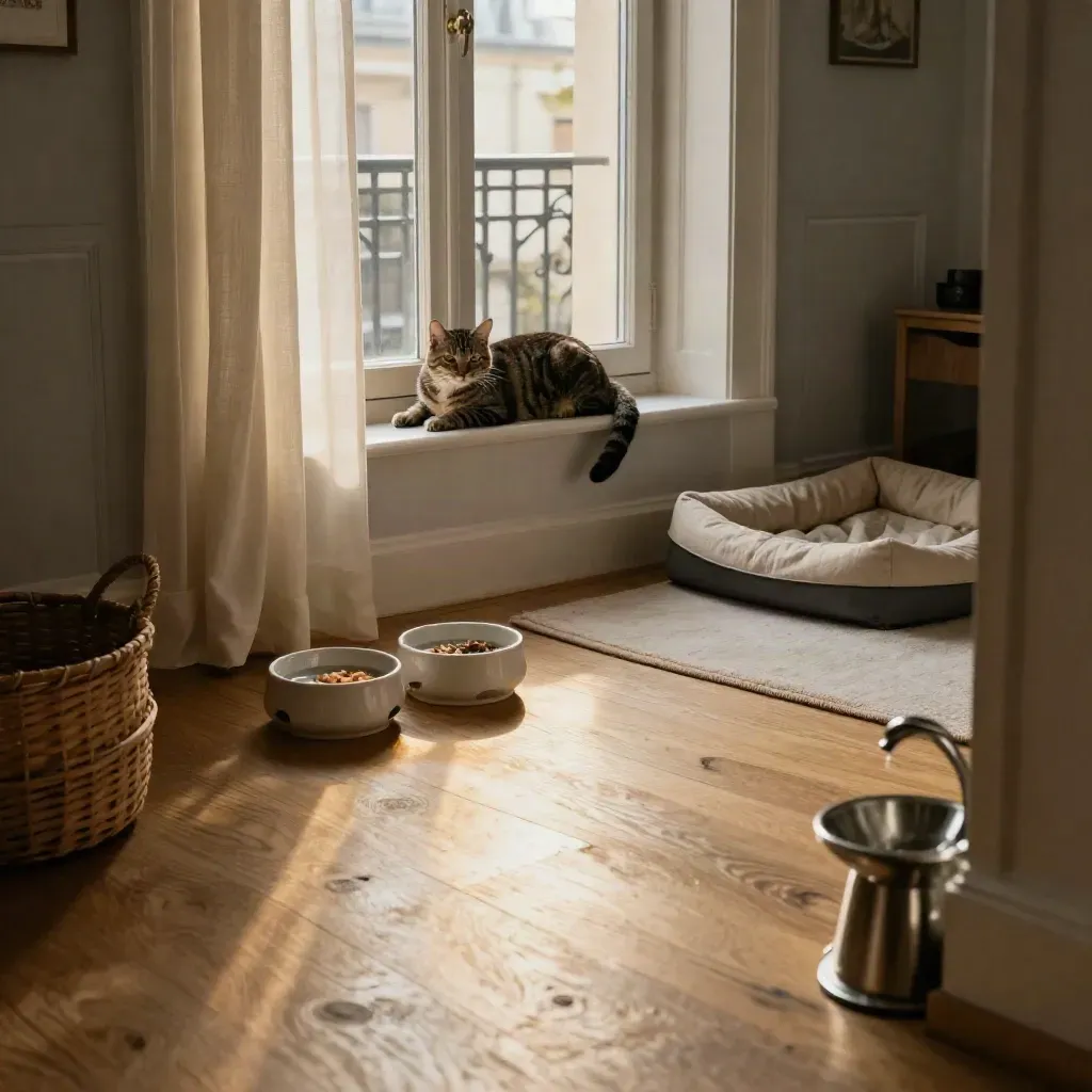 Appartement lumineux avec bols pour chat, litière impeccable et chat tigré sur le rebord.
