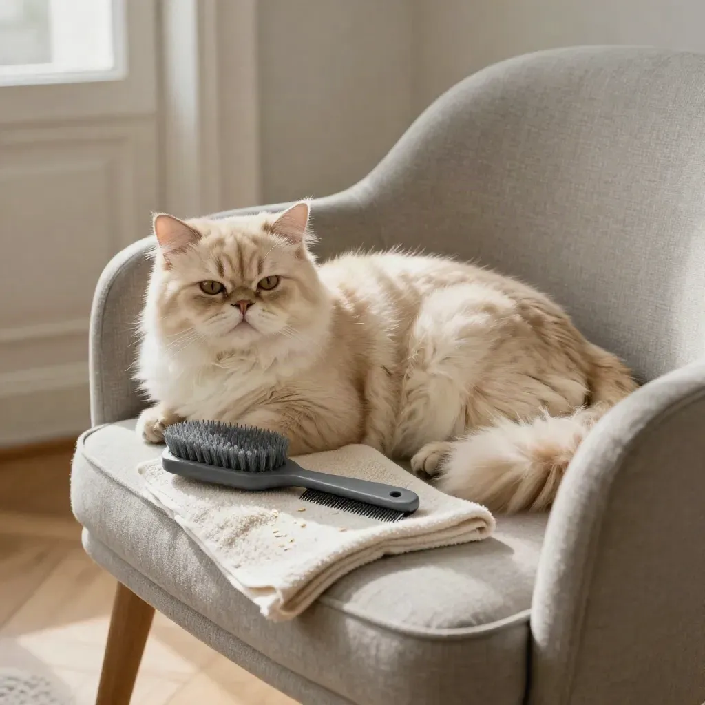 Chat persan crème toiletté sur un fauteuil en lin, brosse et peigne au bord du cadre.