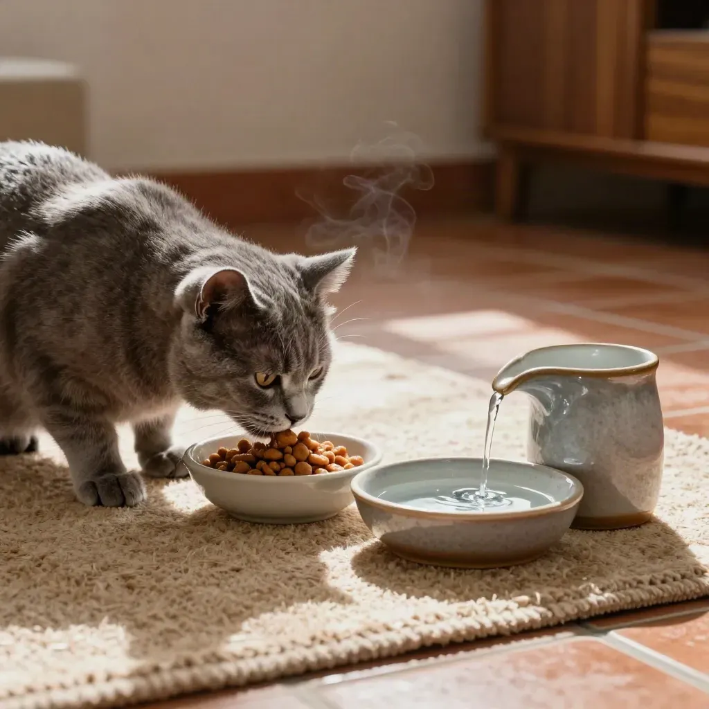 Chat senior gris mange une portion humide près d’eau fraîche sur un tapis épais.