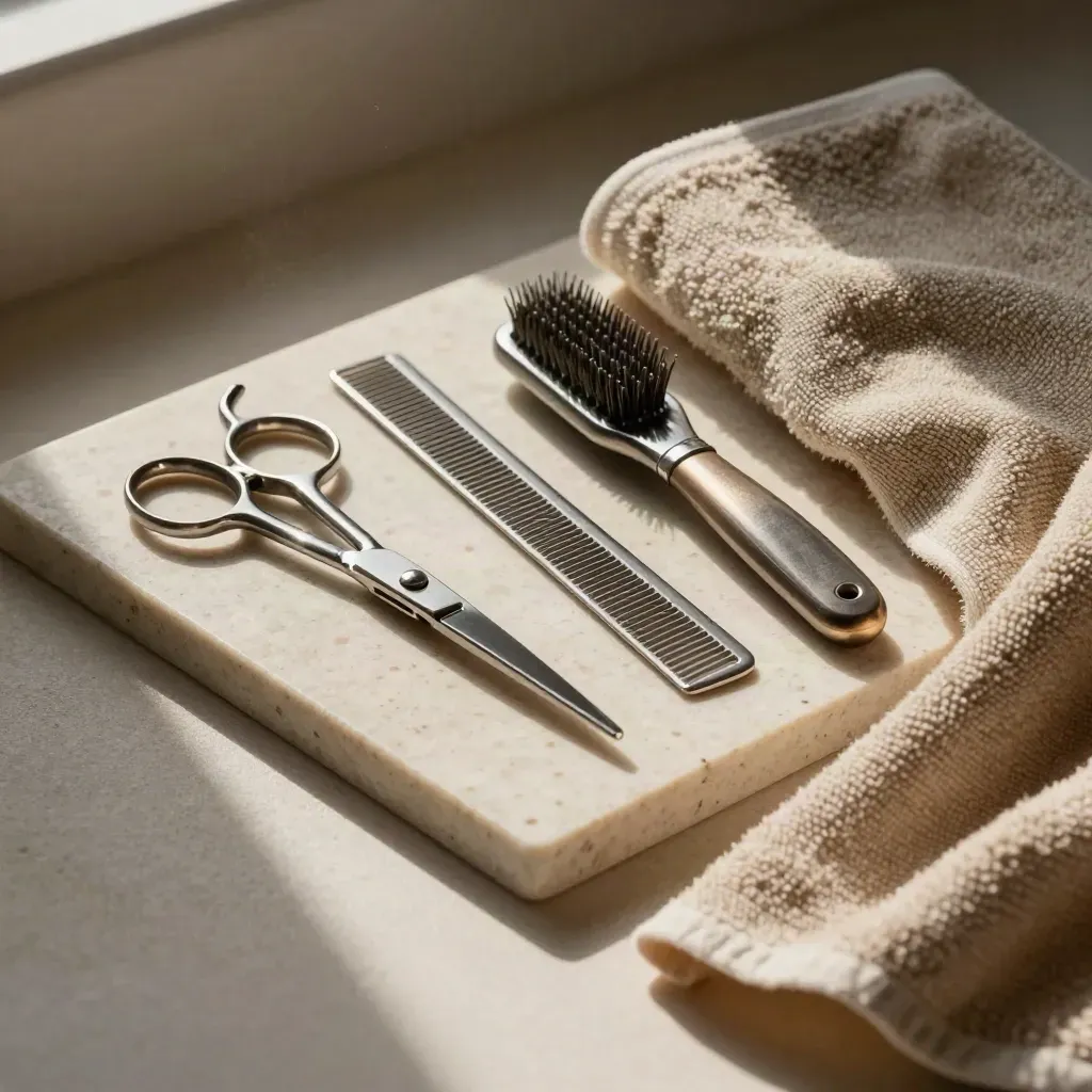 Kit de toilettage félin avec ciseaux, peigne, brosse et serviette sur pierre travertin.