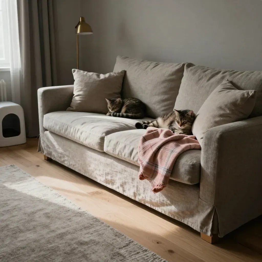 Salon apaisé avec chat endormi, canapé rangé, plaid plié, lampadaire éteint et litière discrète au fond.