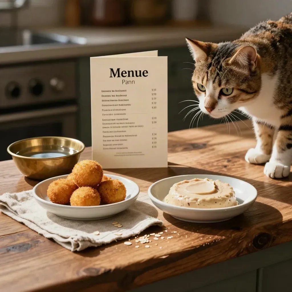 Deux coupelles de pâtée et croquettes, chat tricolore approchant sur un support en bois.