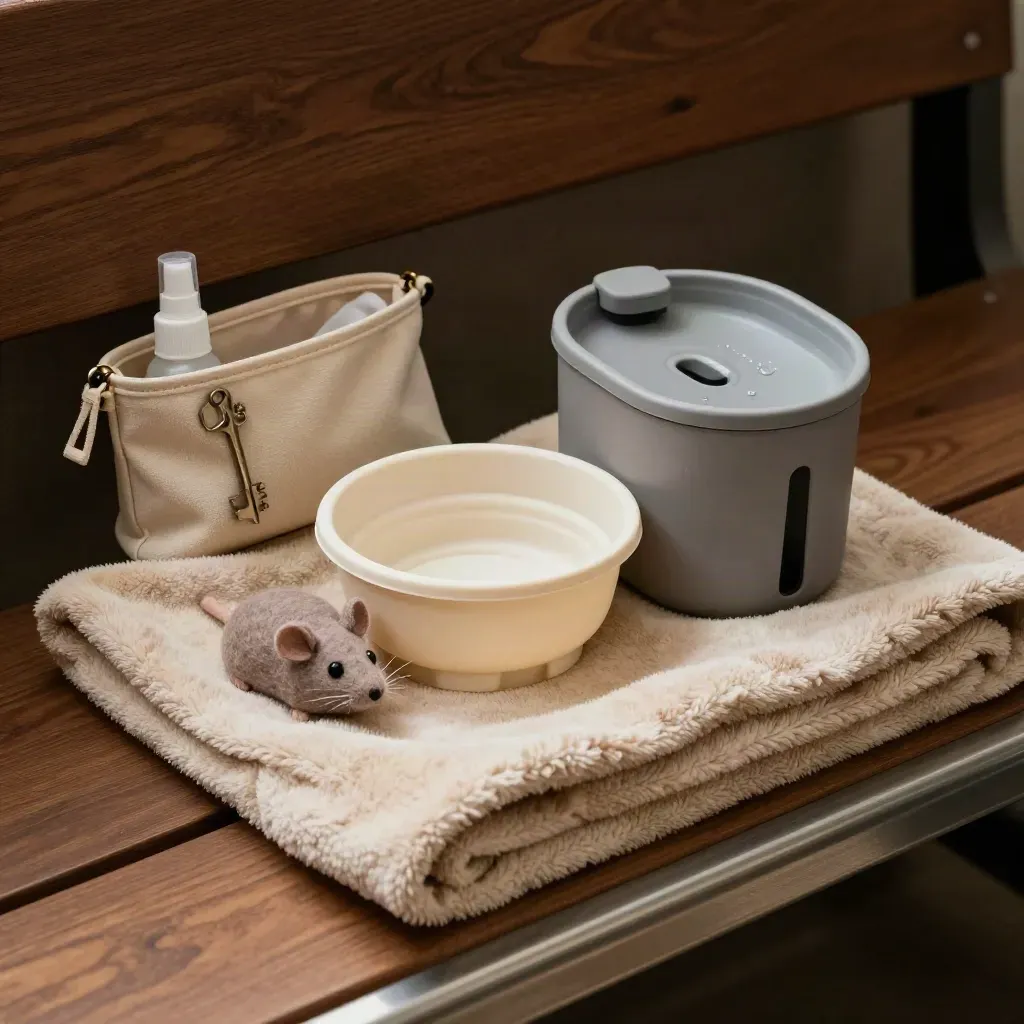 Kit de garde à domicile pour chat avec gamelle pliable, fontaine portable, couverture et jouet feutre.