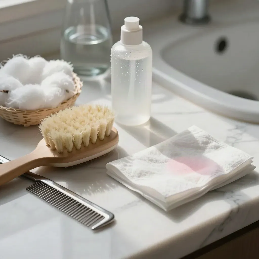 Brosse douce, coton, peigne fin et flacon d’hygiène sur marbre clair, en gros plan.