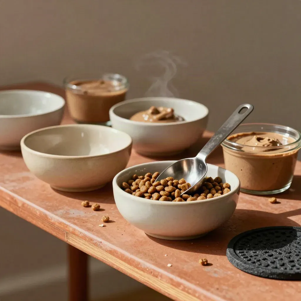 Bols pour chats, croquettes et pâtée sur étagère en terre cuite, lumière douce.