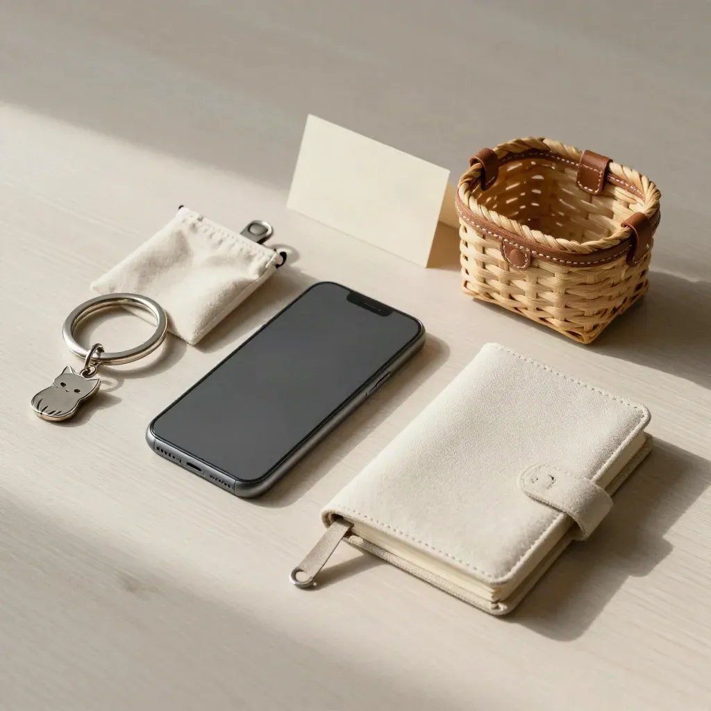 Vue en plongée légère d’un téléphone face cachée, clés, carnet et mini panier pour premier contact.