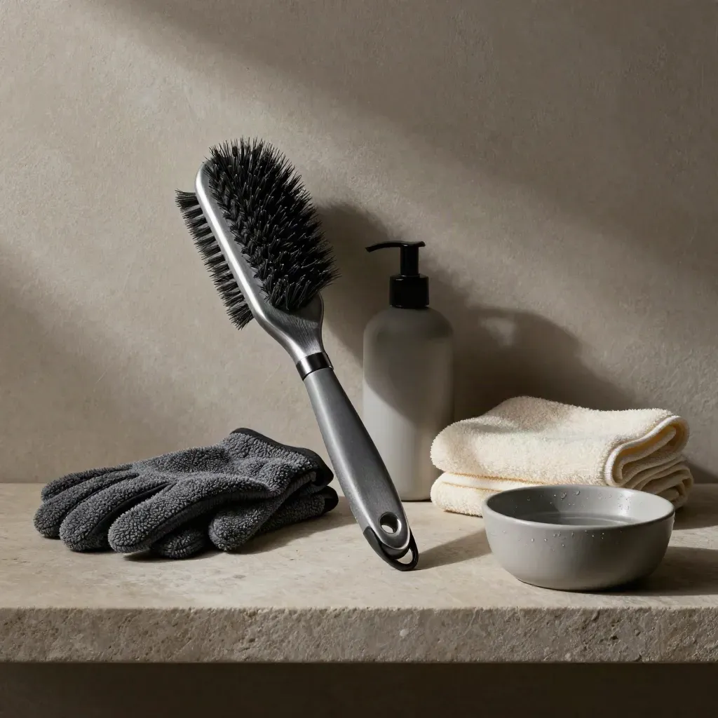 Kit de retour toilettage avec brosse propre, gant microfibre, flacon, serviette et bol sur pierre.